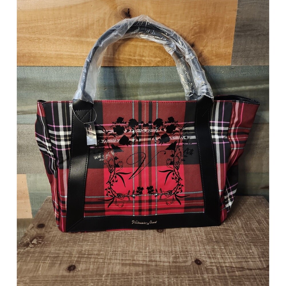 NWT Victoria's Secret Red Plaid Holiday Floral Tote Bag - Limited Edition